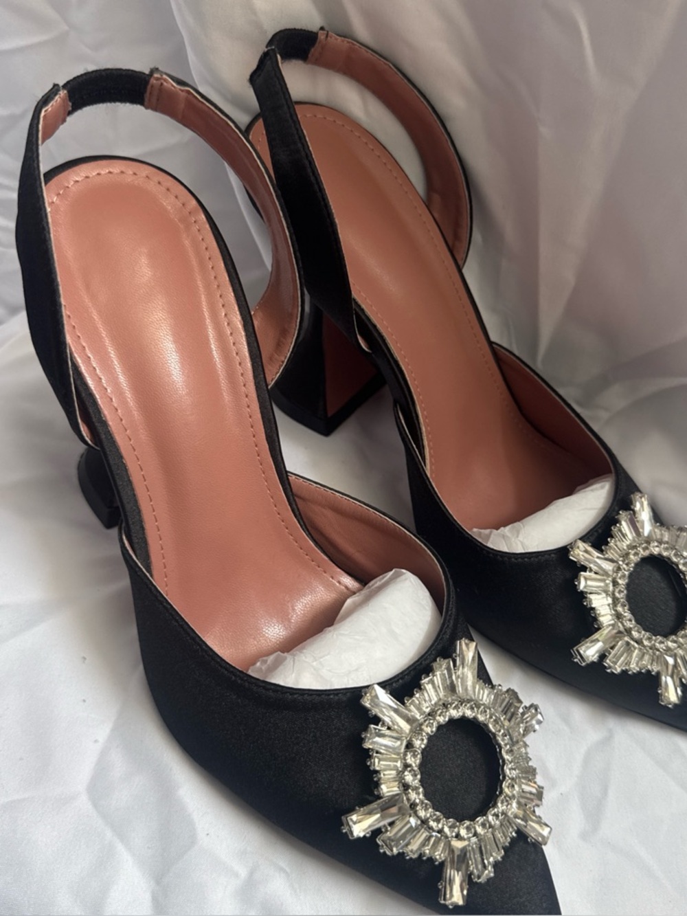 Elegant Black Slingback Heels with Crystal Brooch
